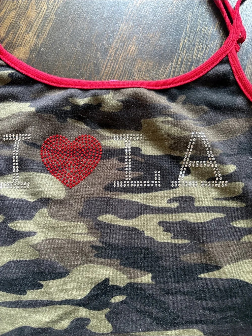 Edikted Camo Tank with Red Trim and Rhinestone 